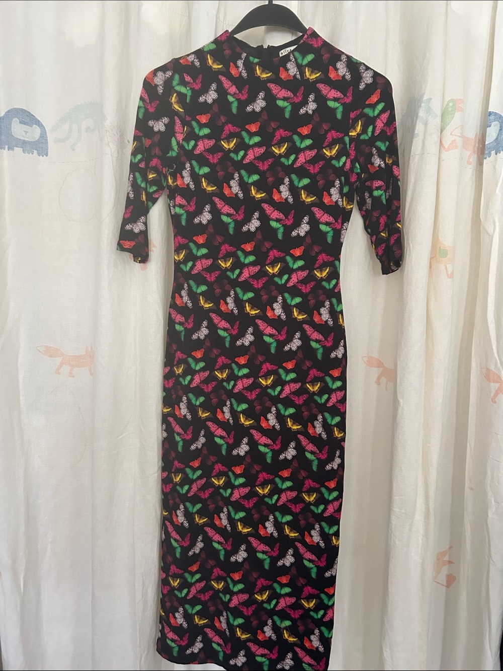 Alice + Olivia Black Midi Dress with Multicolor Butterfly Print Bodycon Dress 8